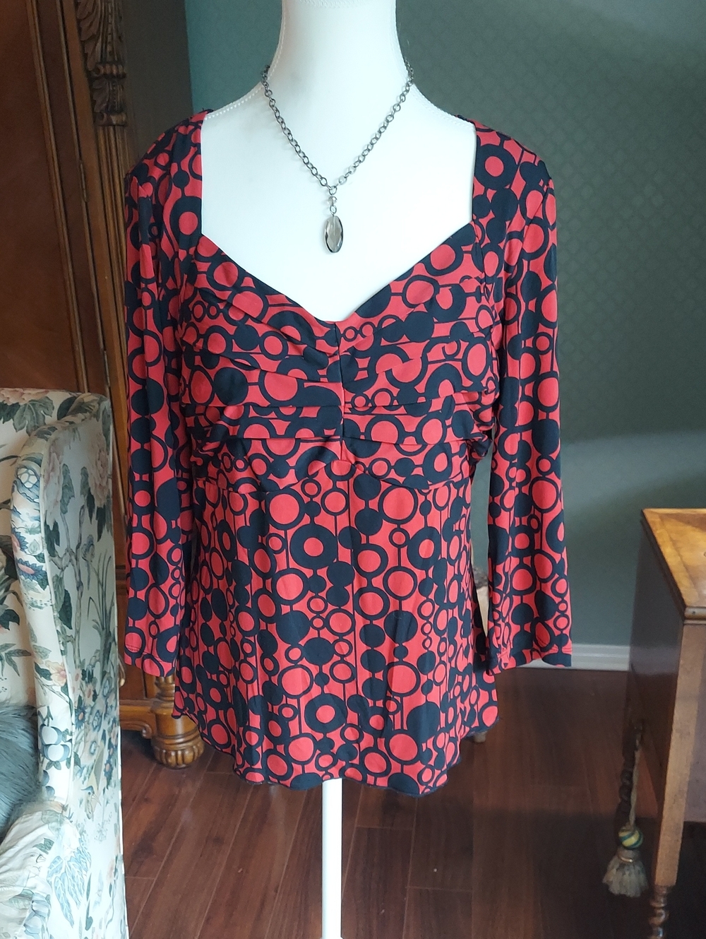 Red & Black Geometric Square-Neck Blouse with Long Sleeves